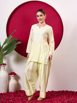 The Chikan Label - Women's Yellow Chanderi Embroidered Kurti and Salwar