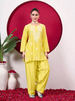 The Chikan Label - Women's Yellow Chanderi Embroidered Kurti and Salwar