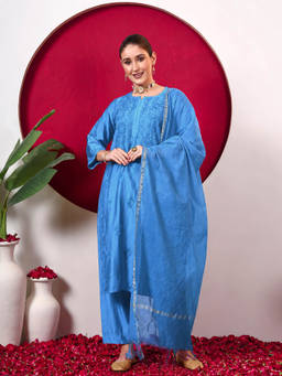 The Chikan Label - Women's Blue Chanderi Embroidered Kurti with Pant & Dupatta