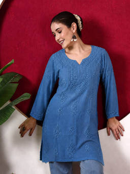 The Chikan Label - Women's Blue Rayon Embroidered Kurti