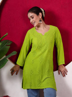 The Chikan Label - Women's Green Rayon Embroidered Kurti