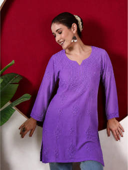 The Chikan Label - Women's Lavender Rayon Embroidered Kurti