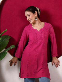 The Chikan Label - Women's Pink Rayon Embroidered Kurti