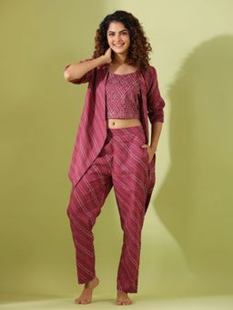SAY - Magenta Color Printed Women Pure Cotton Top & Pyjama with Jacket (Set of 3)