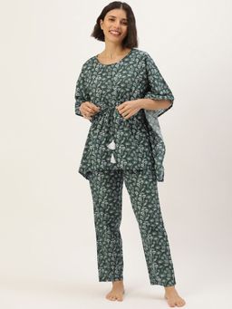 SAY - Olive Color Printed Women Pure Cotton Kaftan & Pyjama Night Suit (Set of 2)