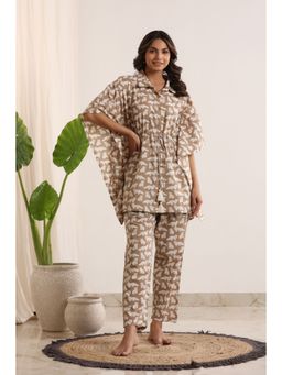 SAY - Brown Color Printed Women Pure Cotton Kaftan & Pyjama Night Suit (Set of 2)