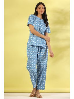 SAY - Blue Color Printed Women Pure Cotton Top & Pyjama Night Suit (Set of 2)