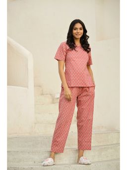 SAY - Pink Color Printed Women Pure Cotton Top & Pyjama Night Suit (Set of 2)