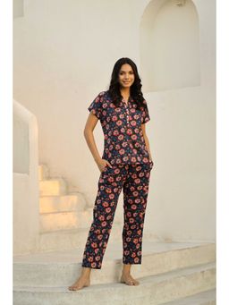 SAY - Navy Blue Color Printed Women Pure Cotton Top & Pyjama Night Suit (Set of 2)