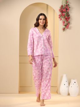 SAY - Pink Color Printed Women Pure Cotton Top & Pyjama Night Suit (Set of 2)