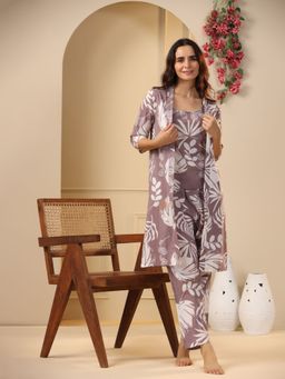 SAY - Purple Color Printed Women Pure Cotton Top & Pyjama with Jacket (Set of 3)
