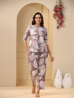 SAY - Purple Color Printed Women Pure Cotton Top & Pyjama Night Suit (Set of 2)
