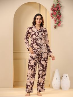 SAY - Brown Color Printed Women Pure Cotton Shirt & Pyjama Night Suit (Set of 2)