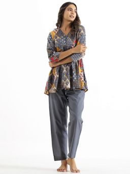 SAY - Grey Color Printed Women Pure Cotton Top & Pyjama Night Suit (Set of 2)