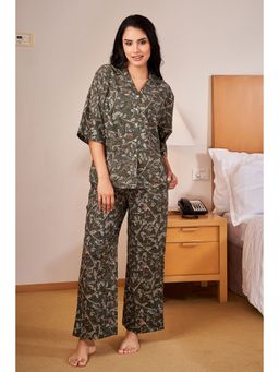 SAY - Green Color Printed Women Pure Cotton Shirt & Pyjama Night Suit (Set of 2)
