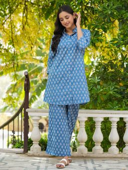 SAY - Blue Color Printed Women Pure Cotton Kurti & Pyjama Night Suit (Set of 2)
