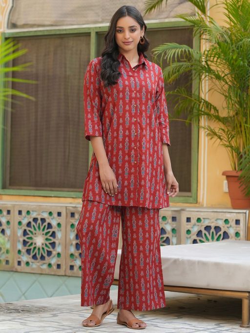 Buy SAY Red Color Printed Women Pure Cotton Kurti & Pyjama Night Suit (Set  of 2) Online