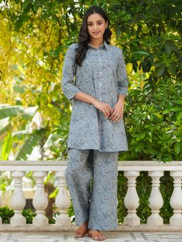 SAY - Grey Color Printed Women Pure Cotton Kurti & Pyjama Night Suit (Set of 2)