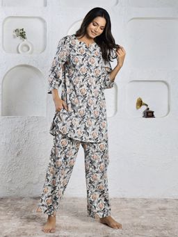 SAY - Grey Color Printed Women Pure Cotton Kurti & Pyjama Night Suit (Set of 2)