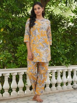 SAY - Mustard Color Printed Women Pure Cotton Kurti & Pyjama Night Suit (Set of 2)