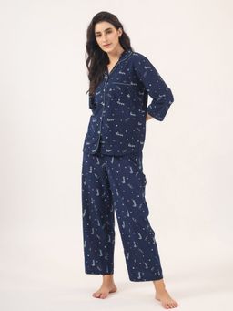 SAY - Blue Color Printed Women Pure Cotton Shirt & Pyjama Night Suit (Set of 2)