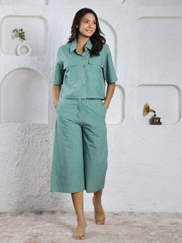 SAY - Green Color Solid Women Pure Cotton Shirt & Capri Night Suit (Set of 2)