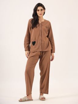 SAY - Brown Color Solid Women Pure Cotton Top & Pyjama Night Suit (Set of 2)