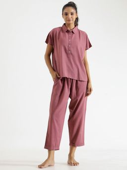 SAY - Purple Color Solid Women Pure Cotton Top & Pyjama Night Suit (Set of 2)