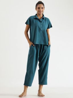 SAY - Teal Color Solid Women Pure Cotton Top & Pyjama Night Suit (Set of 2)