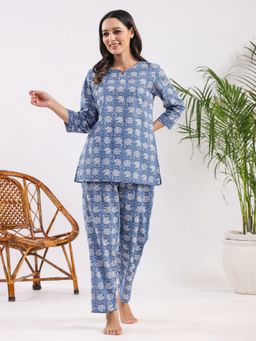 SAY - Blue Color Printed Women Pure Cotton Top & Pyjama Night Suit (Set of 2)