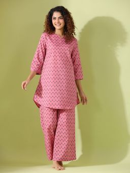SAY - Pink Color Printed Women Pure Cotton Kurti & Pyjama Night Suit (Set of 2)