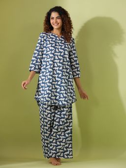 SAY - Navy Blue Color Printed Women Pure Cotton Kurti & Pyjama Night Suit (Set of 2)