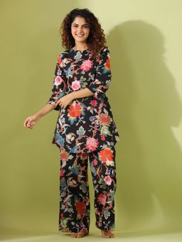 SAY - Black Color Printed Women Pure Cotton Kurti & Pyjama Night Suit (Set of 2)