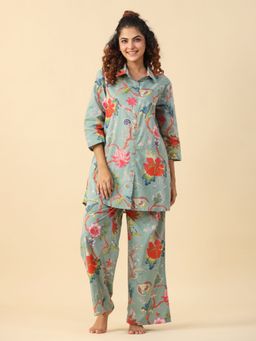 SAY - Green Color Printed Women Pure Cotton Shirt & Pyjama Night Suit (Set of 2)