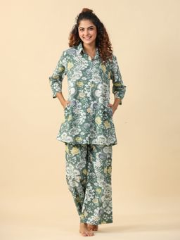 SAY - Green Color Printed Women Pure Cotton Shirt & Pant Night Suit (Set of 2)