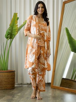 SAY - Orange Color Printed Women Pure Cotton Top & Pyjama with Jacket (Set of 3)