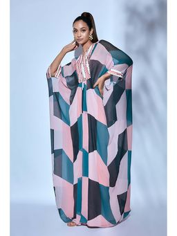 Nirmooha - Multi-Colour Cotton Silk V-Neck Geometric Kaftan Dress With Slip