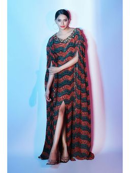 Nirmooha - Multi-Colour Crepe Round Neck Printed Kaftan Dress