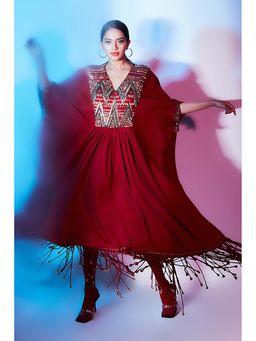 Nirmooha - Red Scuba V-Neck Embroidered Kaftan Dress
