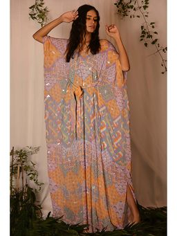 Nirmooha - Multi-Colour Georgette V-Neck Printed Kaftan Dress With Belt And Slip