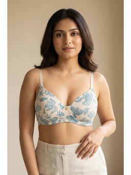 Zivame - Padded Non Wired 3/4Th Coverage T-Shirt Bra - White Base With Blue Flower
