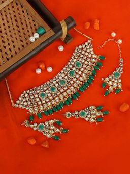 Anika's Creations - Ethnic Bridal Gold Plated Green Stone And Pearl Choker With Earring Maangtika