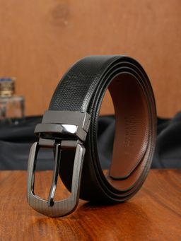 Teakwood - LEATHERS Men Textured Formal Reversible Black & Brown Leather Belt