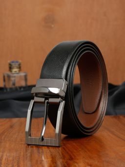 Teakwood - LEATHERS Men Textured Formal Reversible Black & Brown Leather Belt