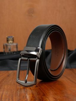 Teakwood - LEATHERS Men Textured Formal Reversible Black & Brown Leather Belt