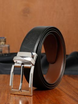 Teakwood - LEATHERS Men Textured Formal Reversible Black & Brown Leather Belt