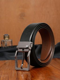 Teakwood - LEATHERS Men Textured Formal Reversible Black & Brown Leather Belt