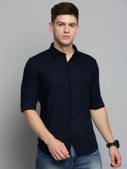SHOWOFFFF - Mens Spread Collar Navy Blue Solid Shirt