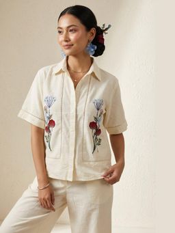 Western Era - Beige Floral Embroidered Shirt Top