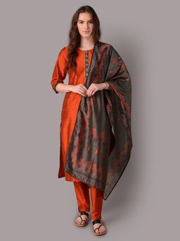 Shree - Women Poly Silk Rust Solid Kurta With Trouser & Dupatta (Set Of 3)